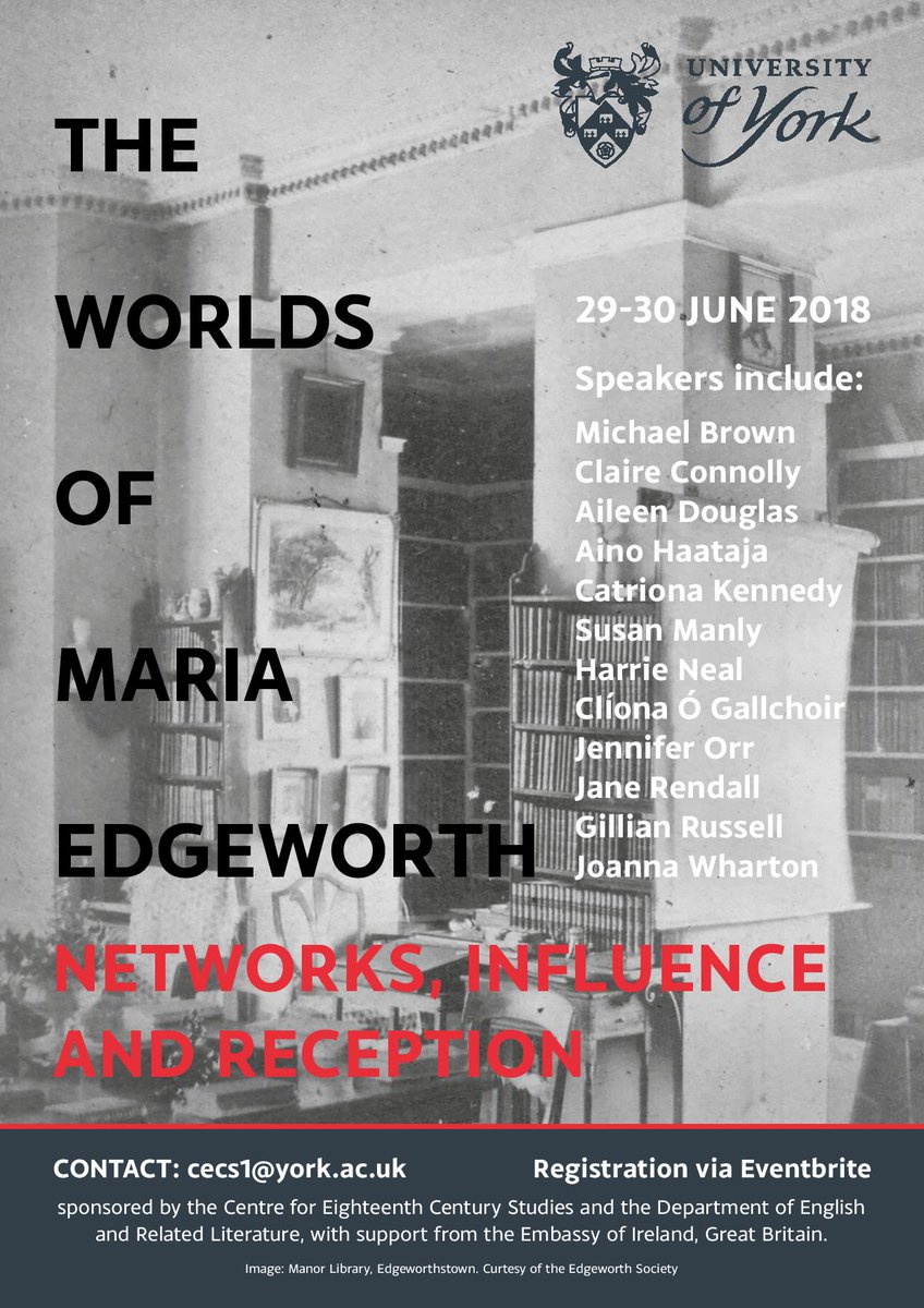 CECSYork's tweet photo. Registration is now open for our conference ‘The Worlds of Maria Edgeworth’!
Do join us for this event on 29-30 June as part of the celebrations for #Edgeworth250
Tickets available via Eventbrite: https://t.co/JqxKIAHKO6 https://t.co/t4M5hRXVvy