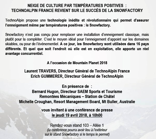 MailisGazza's tweet image. Agenda #confpresse  #snowmaker #innovation L'industrie du ski se réunie à @MPlanet2018 #grenoble ! #TechnoAlpin présentera sa dernière innovation : La Snowfactory. RDV le 19/04 à 10h au stand 103