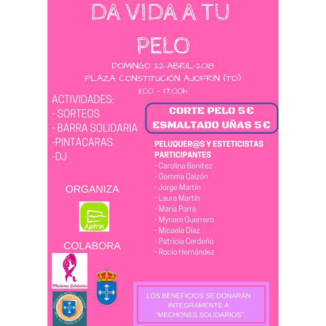 nnggAjofrin's tweet photo. Domingo 22 de abril, de 11 a 17h. DA VIDA A TU PELO 💇🏽‍♀️💆🏽‍♀️💅🏻 Los beneficios serán DONADOS INTEGRAMENTE A MECHONES SOLIDARIOS. 
Habrá muchas actividades, corte de pelo, uñas, sorteos, barra, dj 💃🏻
Te esperamos 😊😊 https://t.co/bjrtfuIfvU