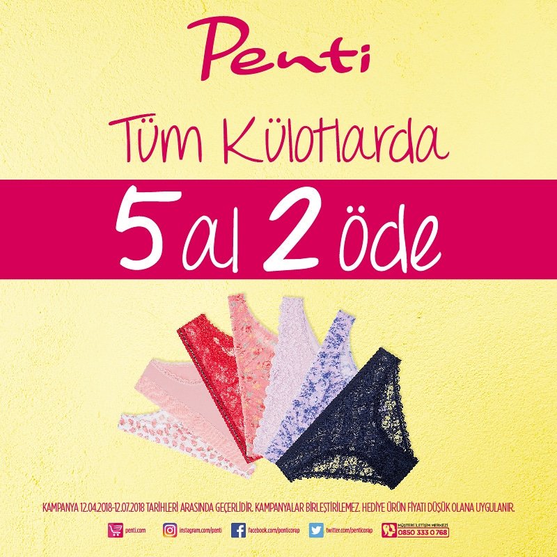 Novaland Penti'de 12 ve 14 Nisan tarihleri arasında alt çamaşırlarda 5 al 2 öde kampanyası 
novalandoutlet.com