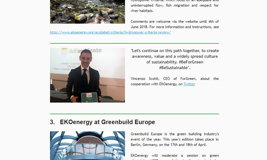 ForGreenSpa's tweet photo. Eccoci nella #Newsletter97 di @EKOenergy_ che ricorda il giorno in cui @Legambiente ci ha assegnato il Premio Innovazione Amica dell'Ambiente 2017, riprendendo un #tweet del nostro AD Vincenzo Scotti !
#BeForGreen #BeSustainable https://t.co/SxzvWcCmuT