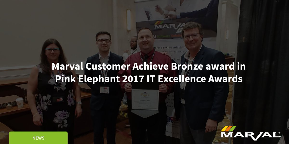MarvalSoftware's tweet photo. Marval Customer Achieve Bronze award in Pink Elephant 2017 IT Excellence Awards - Read the full story https://t.co/xR7mEbCMba #pink18 #TeamMarval https://t.co/sbyqbyAGw6
