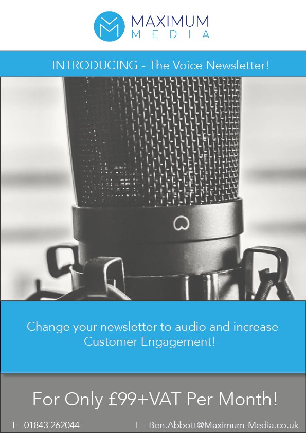 AbbottMediaUK's tweet photo. Introducing our new product.. The Voice Newsletter! Stand out from your competition with voice! #Media #Podcast #Voice #VNewsletter #Supportsmallbusiness #KentBusiness #Kent #BusinessBunker #MaximumMedia #Audio #Listen #Innovation #UKBusiness #smallbusinessuk https://t.co/Aa5Wdr30Gv