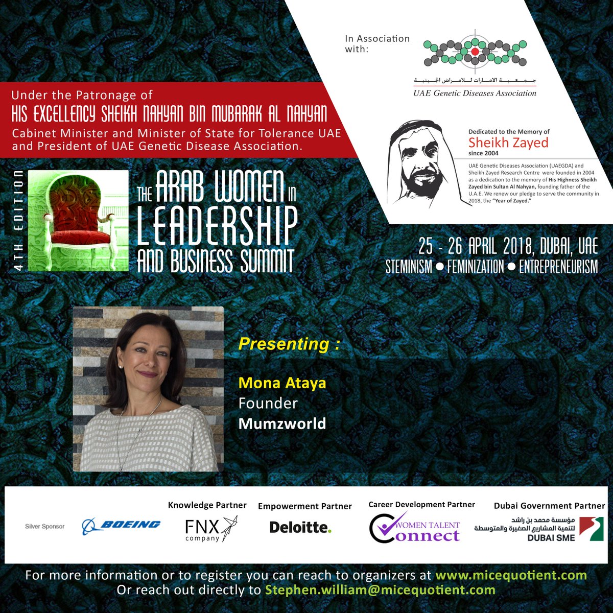MICEQuotient's tweet photo. Meet Ms. @monaataya at the #4thEdition of The #ArabWomen in #Leadership and #Business Summit on 25-26 April 2018, at #DusitThaniDubai #Dubai, #UAE
REGISTER Now
https://t.co/6JpKCLYttT
#AWILB
#AWILB2018
@mumzworld https://t.co/Aj58kOBFGH
