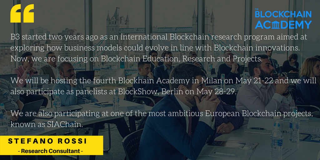 B3Chain's tweet photo. #B3 and #TheBlockchainAcademy help you to explore the main #benefits of #Blockchain.

Discover our #activities and #events!

Don't forget to apply for the Academy event in Milan (MKTG2018 insert it to get 100€ discount on the overall registration fee) https://t.co/faPU1b7J2X https://t.co/p54LDfTggH