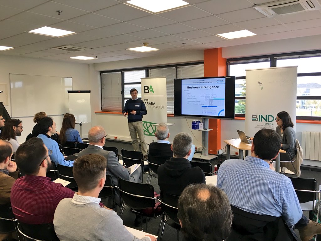 BICAraba's tweet photo. Primer bloque de presentaciones de startups @bind40 con #BigdaSolutions @LISSolutionsTW @OPTIMITIVE y @Globetesting https://t.co/AjENhVPzFS