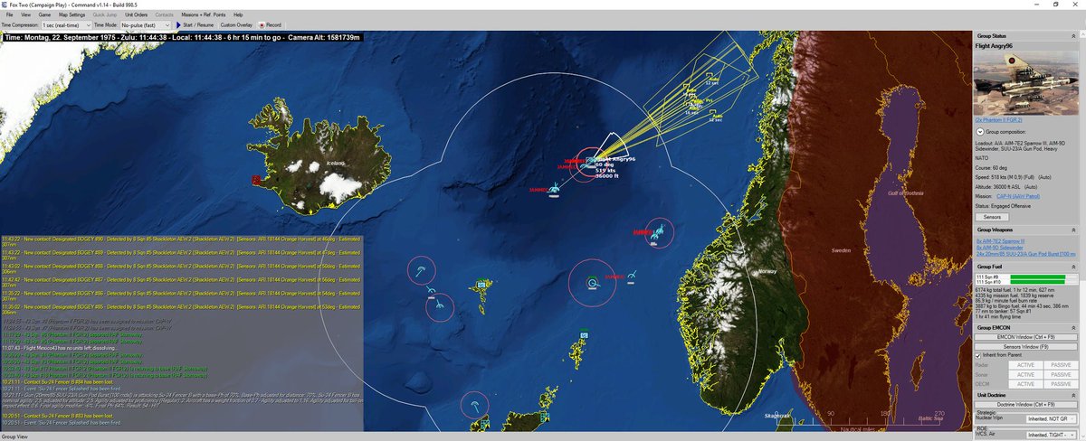 CommandDevTeam's tweet photo. "The first group of bandits is decimated, with a tally of 6 Tu-128s, 6 Tu-95KMs and 2 Tu-16 jammers. [...] I still count about 33 bogeys remaining. The no-cross-line is just 60NM away"
#CMANO #NorthernInferno AAR#9 - Fox Two! https://t.co/VWwJy1tIRa https://t.co/7IxFy85zXC