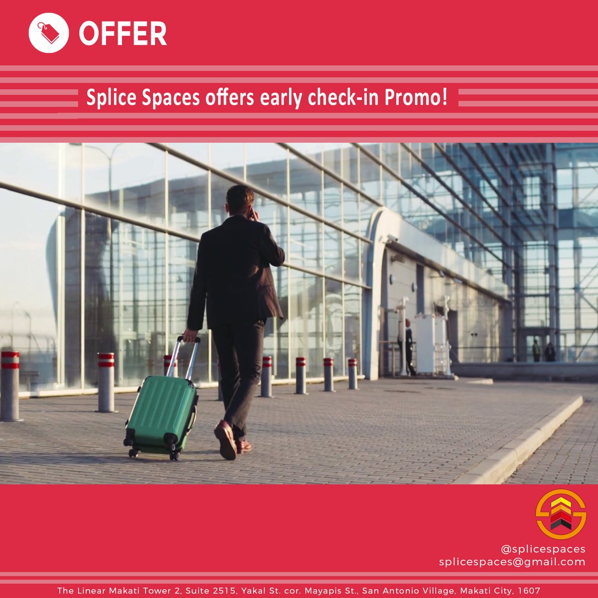 splicespaces's tweet photo. Arriving from an early flight? 
Worry no more! At Splice Spaces, you can now check-in as early as 9:00 am.

Book now!
Standard Room: PHP1,799/Night [2persons]

PH: +63 (2) 275 5627
Mobile: +63 929 076 1859
US: +1 (818) 963-5626
splicespaces@gmail.com

#SpliceSpaces #BudgetSpace https://t.co/2hVg8iRlTq