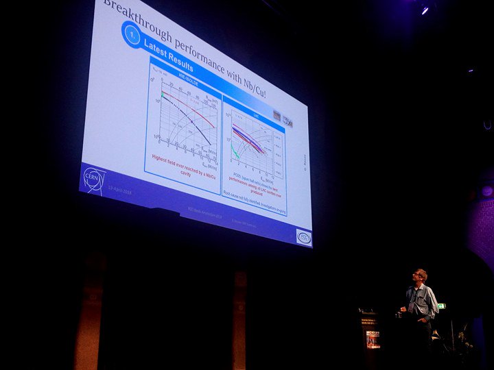 FCC_study's tweet image. "World record results and breakthrough performance of the superconducting #RFcavities designed for a #FutureCircularCollider @FCC_study". #CERN's Erk Jensen gives a summary of #SRF developments in the last day of #FCCweek18.