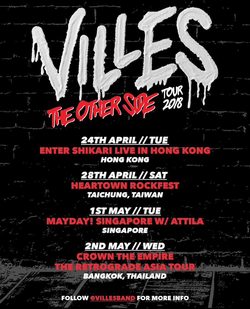 Coming to an Asia country (probably) near you 🤘🏻

<a href="/Villesband/">Villes</a> back on a head-banging 4-stop #THEOTHERSIDETOUR. They'll be playing in <a href="/HeartownF/">HEARTOWN FESTIVAL</a> and supporting impressive bands such as <a href="/CrownTheEmpire/">Crown The Empire</a>, <a href="/ENTERSHIKAR/">20/03</a> and <a href="/ATTILAga/">ATTILA</a>.