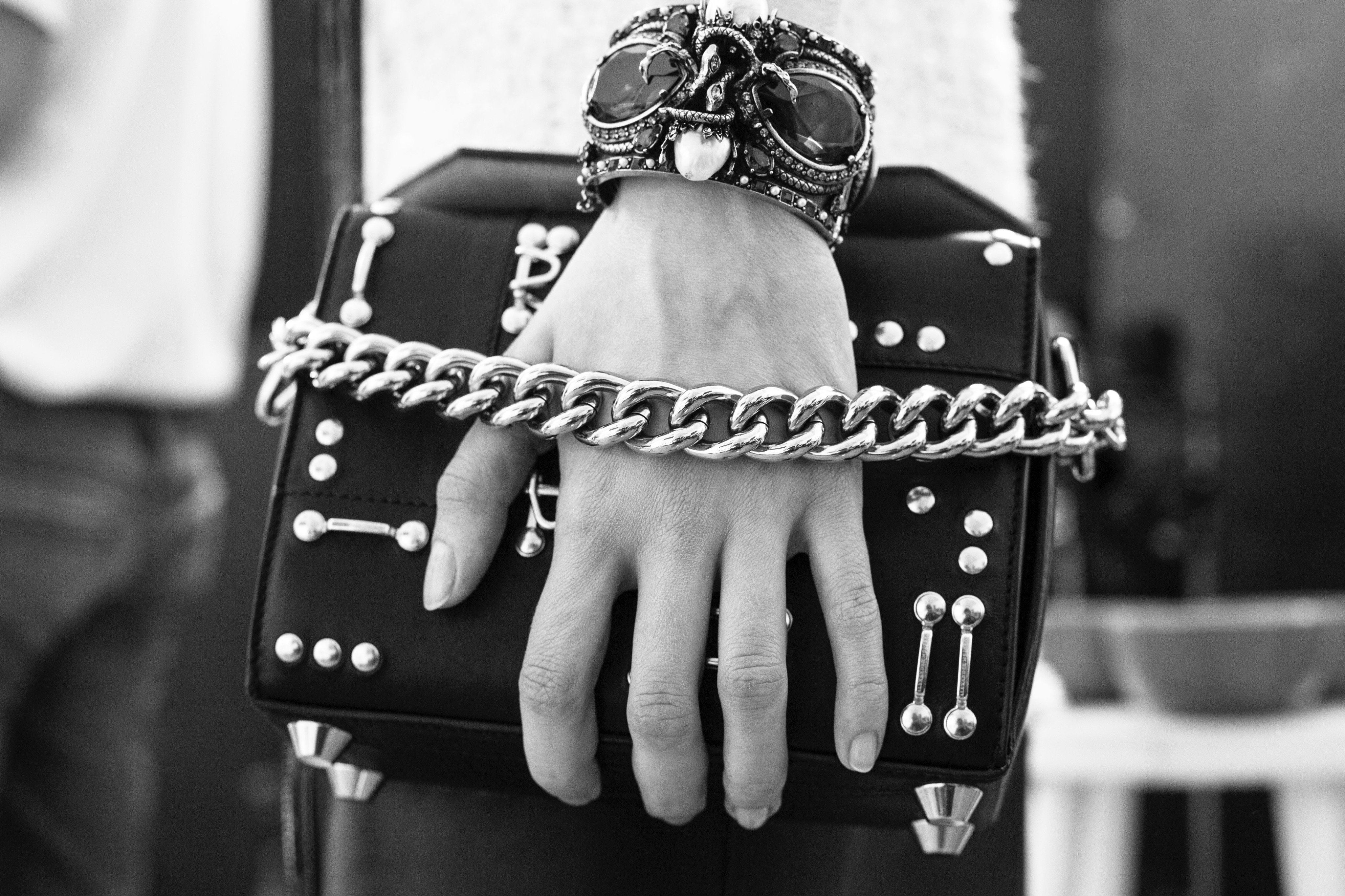 Alexander McQueen on X A black Box Bag with antique gold hook embellishments and silver studs. From the Alexander McQueen Spring Summer 2018 collection. Discover McQueenSS18 https t e2rMxkBjRo http...