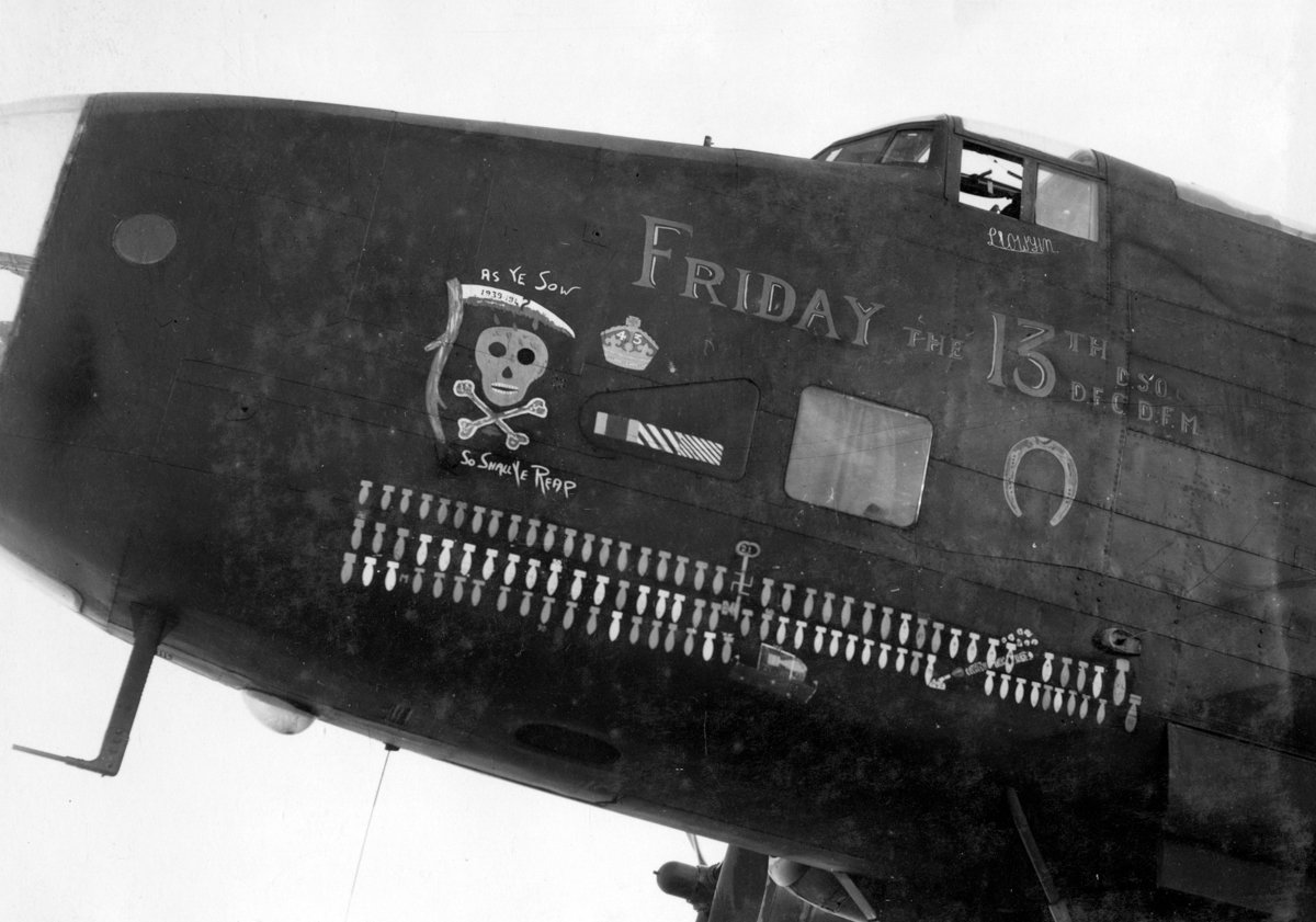 RoyalAirForce's tweet photo. Happy #Friday13th! The RAF had a bomber called ‘Friday the 13th' during the Second World War. The crew from  @Aus_AirForce, @NZAirForce and @RoyalAirForce brought themselves luck by making the plane as unlucky as possible. The HP Halifax flew 128 raids and always came back. https://t.co/IN7aI403P4