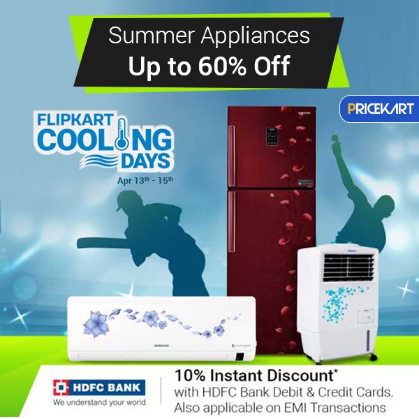 pricekartcom's tweet photo. #Flipkart #CoolingDaysSale | #Offers on: 
#AC's | #TVs | #Refrigerators | #Fans | #AirCoolers &amp; More

Get this #Deal : https://t.co/SOI62lQKR4 https://t.co/HrGY6P1HjB