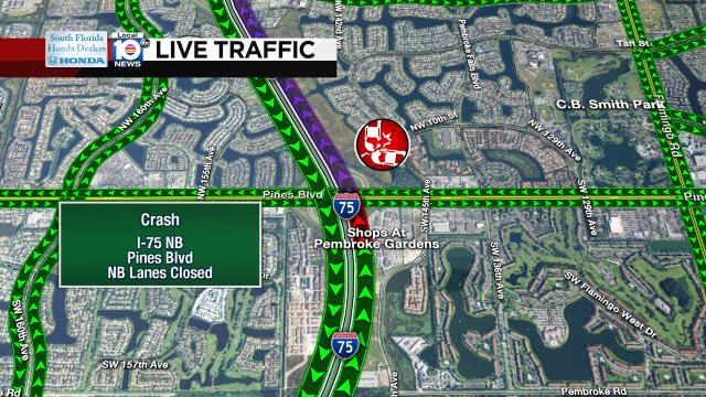 CRASH: I-75 NB at Pines Blvd. is closed due to an accident. ALT: Flamingo Rd. #TRAFFICALERT #TRAFFIC https://t.co/vxLdnMgoJ3