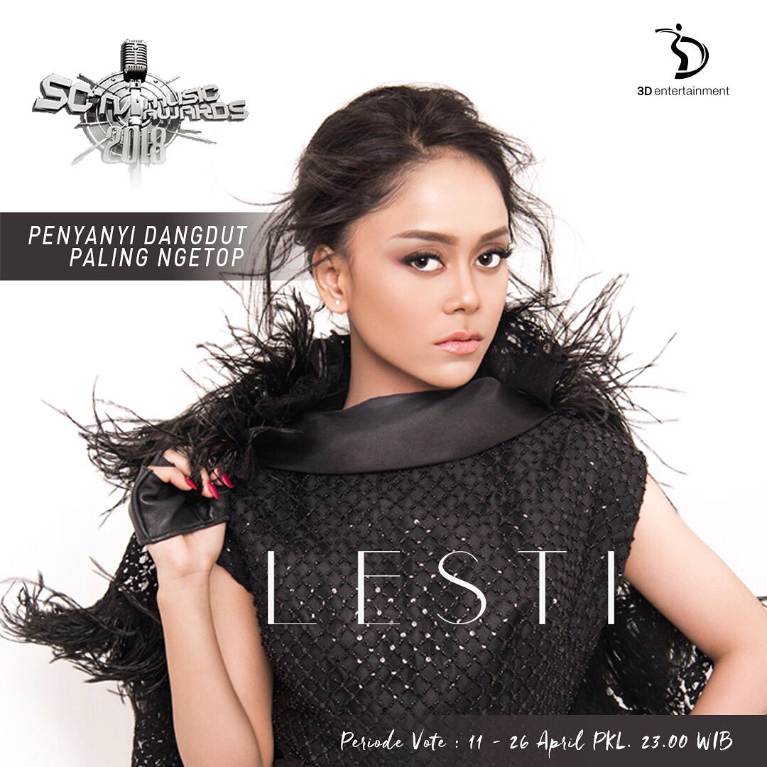 Yuk, vote <a href="/Lesti_Jenong_DA/">Lestykejora</a> di <a href="/SCTV_/">SCTV</a> Music Award 2018!
Caranya:
Vote via Twitter dengan kode hashtag #SMA6(spasi)LESTI
.
Vote via BBM Polls, pilih LESTI di kategori Penyanyi Dangdut Paling Ngetop 
.
Periode vote: 11 April - 26 April pkl 23.00 WIB