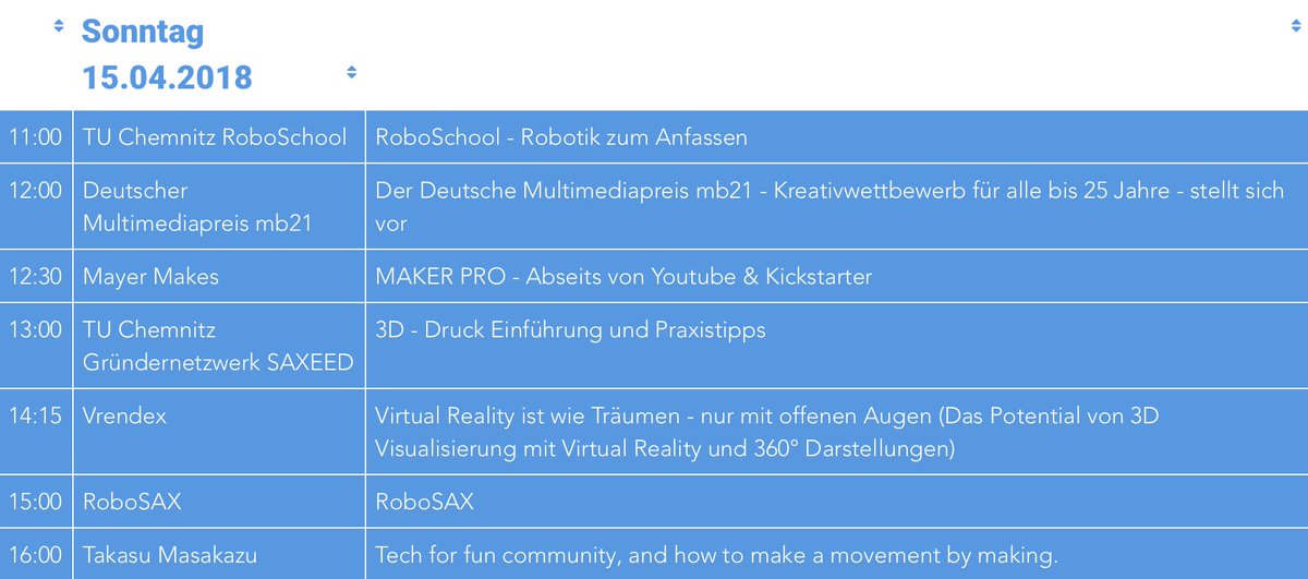 Neben unserem täglichen Mitmachangebot wird es außerdem eine Reihe von Vorträgen zu verschiedenen Themen geben. Im Folgenden findet Ihr eine Auflistung, was Euch in den kommenden beiden Tagen auf der #makerfairesachsen alles erwartet.