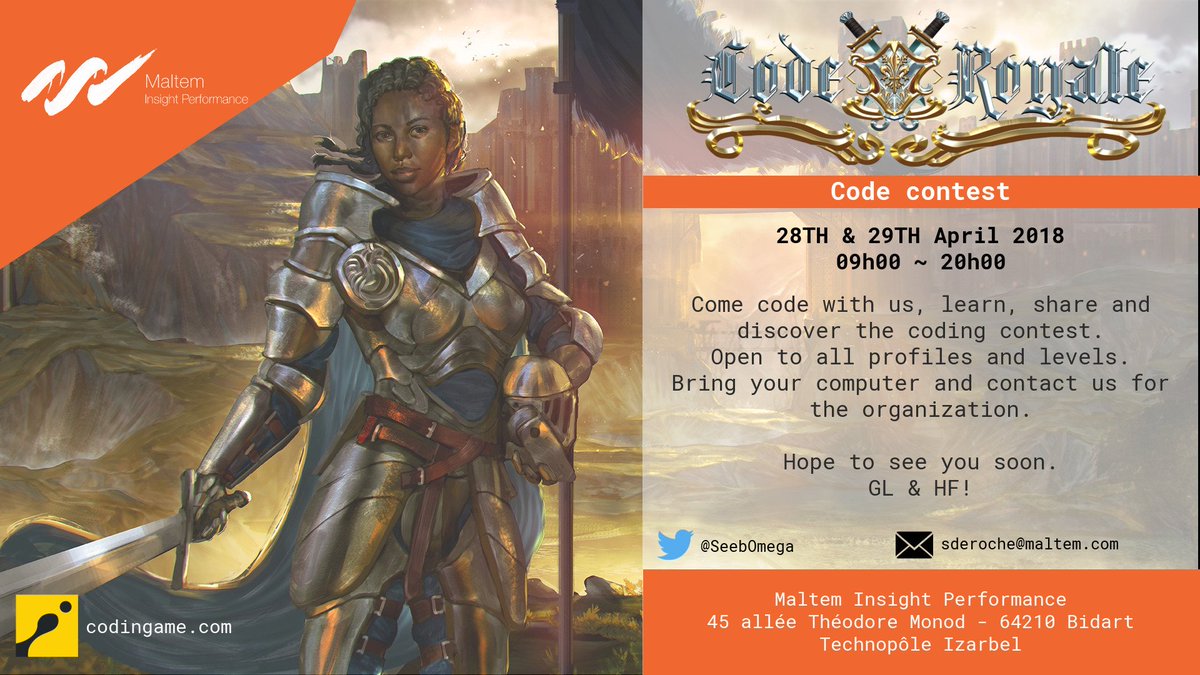 Seebomega's tweet image. @MaltemIP 28th & 29th April, CodingHub @CodinGame Doodle bit.ly/2GNnuT8 or contact @Seebomega for more! Come learn, share and fight with your code ! #Coderoyale #ShowYourMadSkillz #MIP #ComeandJoinUs #FunShareandLearn #Spring2018