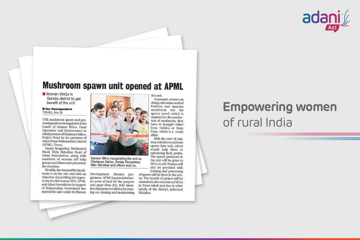 AdaniFoundation's tweet photo. With an aim to provide a livelihood for the women in Tirora, Maharashtra, the Adani Foundation, along with the Maharashtra Government, is delighted to open a 7acre mushroom spawn and processing unit for the members of the Women Self Help Groups (SHG) in the area. #WomenOnTheRise https://t.co/SJnk6j743k