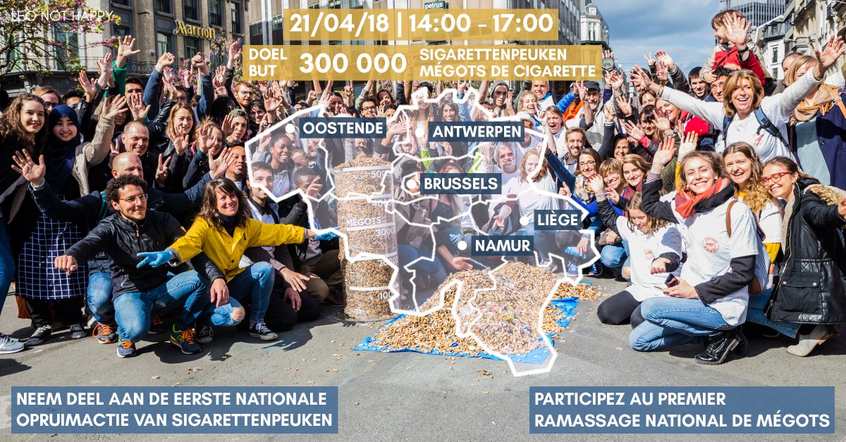LeoNotHappy's tweet photo. Participez au ramassage de mégots citoyen dans 5 villes ce 21 avril - #Bruxelles, #Namur, #Liège, #Antwerp et #Oostende ! Pour s'inscrire : https://t.co/HUvOcGpzrE #citoyen #cleanup #zerowaste #zérodéchet #belgique #belgium #plasticfree #mégots #nettoyage #LeoNotHappy https://t.co/If6JoCcCvY