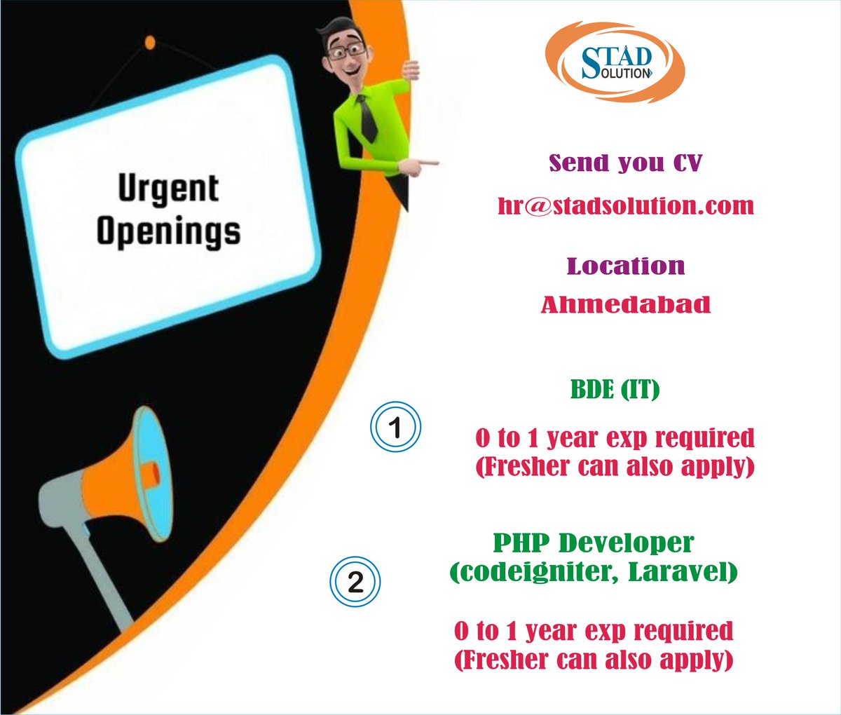 Ajaypalsinh7's tweet image. We are Hiring PHP Developer and BDE (IT)

Experience : 0 to 1 year
Salary : Up to 20k PM
Job Location : Ahmedabad

Freshers can also Apply
Send your Resume on hr@stadsolution.com

#STADsolution #Job #Testing #SoftwareTesting #JAVA #PHP #Android #Placement

stadsolution.com