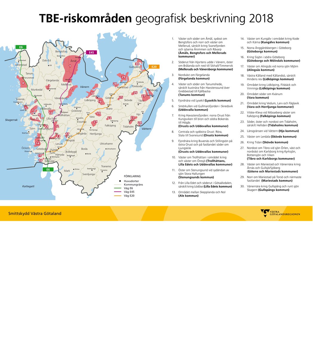 SmittskyddVGR's tweet photo. Våren är här och nu kommer fästingarna. När termometern visar över 5 grader finns det risk för fästingsmitta. På kartan från Smittskydd Västra Götaland, beskrivs riskområdena. Behöver du vaccinera dig? För frågor om TBE-vaccination, kontakta din vårdcentral eller läs mer på 1177. https://t.co/EyRGTqdKFM