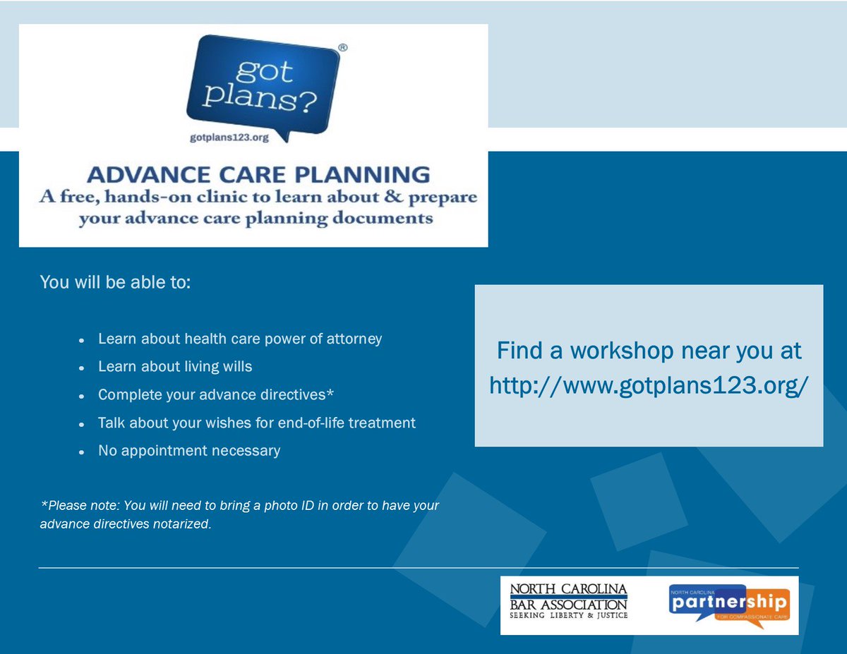 NCPartnershipCC's tweet photo. Do you have an easily updatable &amp; accessible #AdvanceDirective? Learn more at our workshop with @NCBAorg to learn about your options. Find a workshop at https://t.co/sYO8RRVmVC  #AdvanceCarePlanning #NHDD https://t.co/vgPw5Bq2Mk