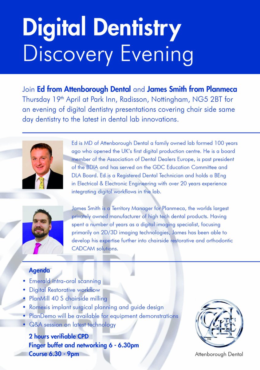 Join Ed from <a href="/ATTENBOROUGHDEN/">Attenborough Dental</a> and James Smith from <a href="/PlanmecaUK/">Planmeca UK</a> for the Digital Dentistry: Discovery Evening in Nottingham. Learn more about chair-side same day dentistry and the latest in dental lab innovations. #digitaldentistry #dental