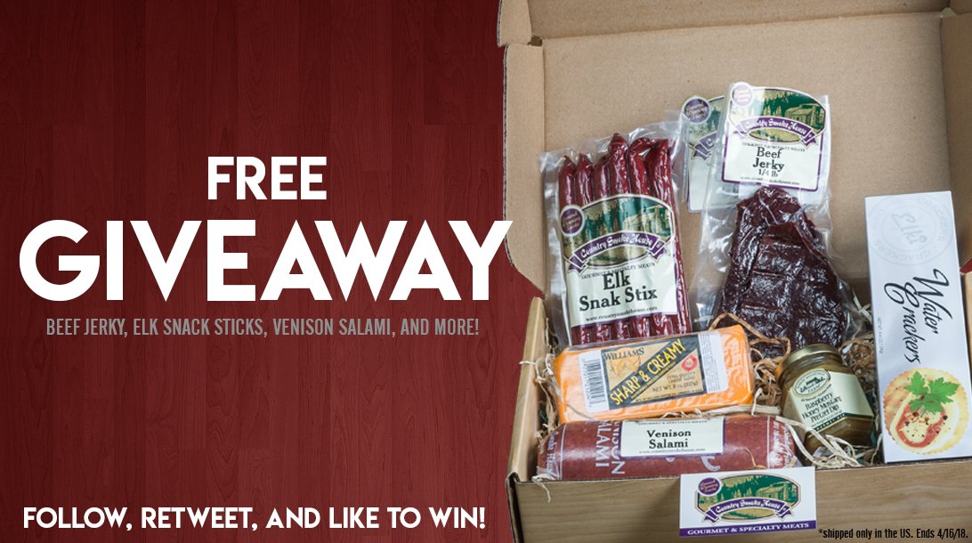 CSHSmokeHouse's tweet photo. FREE GIVEAWAY!!! We are giving away a Country Smoke House gift box loaded with a variety of our award winning products! Follow us, retweet, and like this tweet to enter to win! #freebiefriday #giveaway #jerky

Ends 4/16/18. Shipped only in the US. https://t.co/eCNmlWL9zw