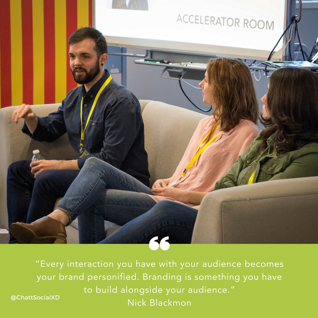 chattsocialxd's tweet photo. “Every interaction you have with your audience becomes your brand personified. Branding is something you have to build alongside your audience.” - Nick Blackmon #ChattSocialXD https://t.co/fucvivlWzF