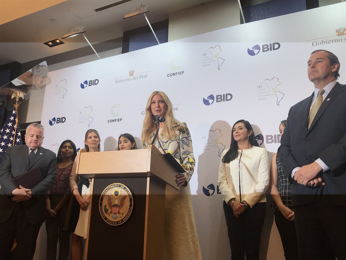 BenBartenstein's tweet photo. WH senior adviser Ivanka Trump speaks on women’s empowerment at Americas Summit in Lima. No reference to alleged sexual misconduct by POTUS. https://t.co/t6rBnc1Vbk
