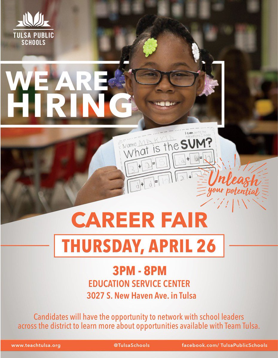 TeachTulsa's tweet photo. April 26th is our next career fair. Join Team Tulsa from 3pm-8pm! https://t.co/1I9W4BIvG1