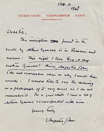 OwenOrestes's tweet photo. #AugustusJohn autograph letter concerning #ArthurSymons, 1948. https://t.co/XSXpbaMjOV