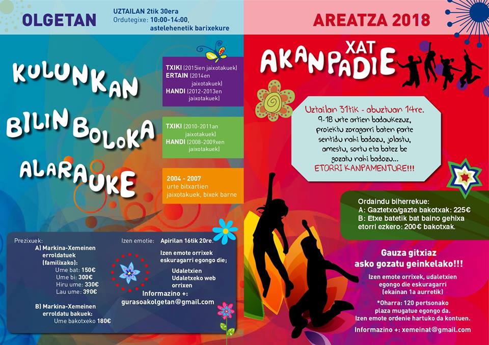 MarkinaXemein's tweet photo. Astelehenetik aurrera zabalik egongo da epea Olgetan eta @XAT_mx-en udalekuetan izena emateko. Olgetan-en kasuan, apirilaren 20an amaituko da epea. XATen kasuan, ekainaren 1ean. Inskripzio orriak udaletxean entregatu beharko dira https://t.co/kofd3uLJi2 @LeakoHitza #MarkinaXemein https://t.co/BKRMJNrA7u