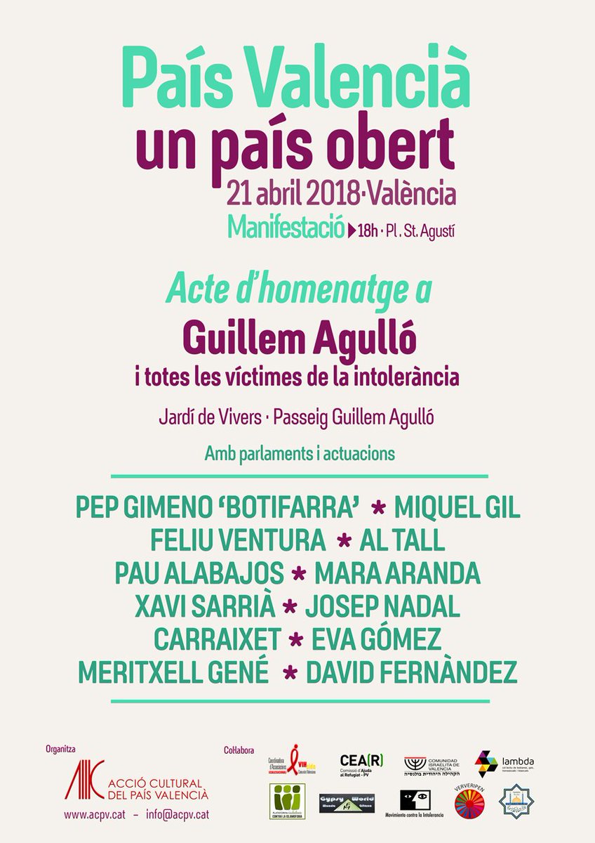 AccioCulturalPV's tweet photo. 🎼 Acte homenatge a Guillem Agulló i a totes les víctimes de la intolerància.
‼️ Inaguració del Passeig Guillem Agulló
📅 21 d'abril
🕕 En finalitzar la manifestació.
📍 Jardí de Vivers - Passeig Guillem Agulló
🎟 Entrada gratuïta https://t.co/bJndKp83Qf