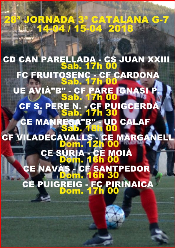 BucetaFidel's tweet photo. #3cat7 J.28 @CdEManresa B es col.loca a la part mitja alta en superar el #PareIgnasiPuig (2-4) en el derbi #Manresa corresponent a la J.27 ajornat per la pluja.
Gran derbi #Terrassa a @cdcanparellada amb la visita @CLUBJUANXXIII liderat en joc inclòs #Futbolcat @regionalfutbol https://t.co/uJ75bOvQ3W