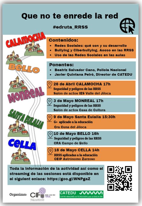 catedu_es's tweet photo. .@dgafprofesorado EDURUTA: QUE NO TE ENREDE LA RED @UFICalamocha y CATEDU https://t.co/D1fkIPUWd7
Del 26 de Abril al 16 de Mayo por el Valle del Jiloca https://t.co/EmGsbvjPea