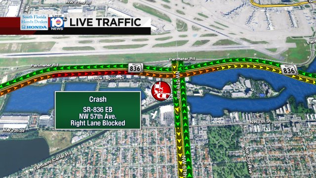 CRASH: SR-836 EB & NW 57th Ave. A right lane is blocked and delays are building. #TRAFFIC #MIAMI https://t.co/Jsy5LRGVUu