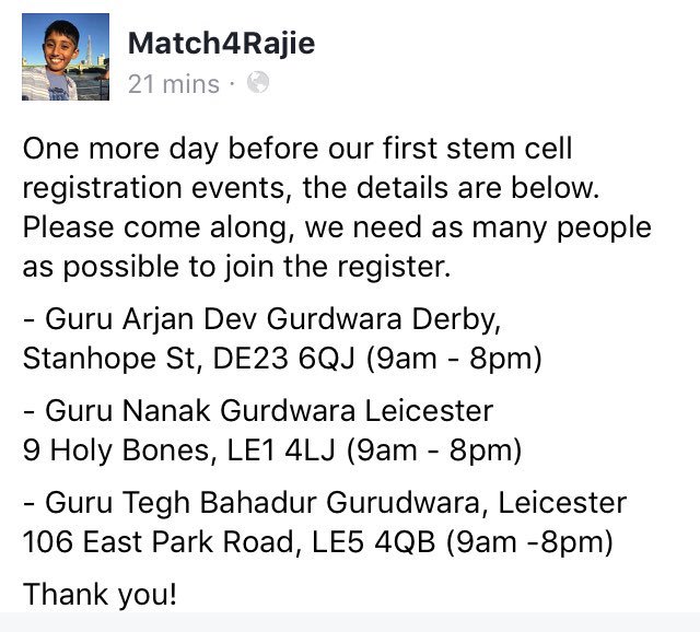 BillSandher's tweet photo. @Match4Rajie needs a bone marrow transplant they are running a stem cell donor recruitment drive Saturday April 14th in Leicester &amp; Derby Gurdwara, pls share &amp; see if we can find him a match  https://t.co/zmdCfTluha @Jassisidhu @pbn @AmeetChana @AmanHayer1 @jazzyb @Popsymusic https://t.co/J4Tg3b10hJ