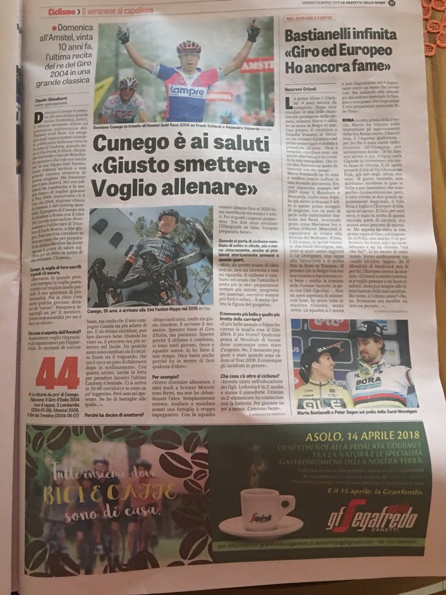 <a href="/DCunego/">Damiano Cunego</a> Oggi la #Gazzetta ti dedica uno spazio speciale in vista dell’ #amstelgoldrace . Tutte le dimostrazioni che stanno arrivando dai vari organizzatori all’estero sono il risultato non solo delle vittorie ma di quanto hai lasciato il segno come persona!