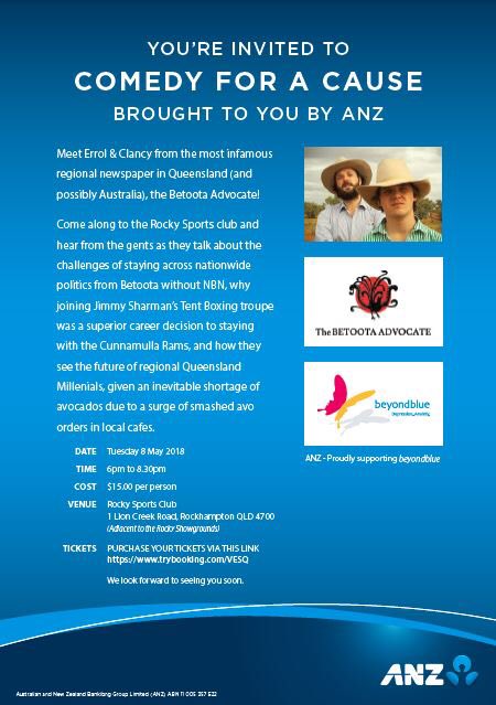 This is sure to be a night of laughs for a great cause. Proudly supporting <a href="/beyondblue/">Beyond Blue</a> #BeefWeek2018 @AimeePeters1111 <a href="/MaritaWilliams7/">Marita Williams</a> @AzYepp <a href="/BloomfieldJules/">Julie Bloomfield</a> <a href="/jason_w_t/">Jason Taylor</a> <a href="/ANZ_AU/">ANZ Australia</a>