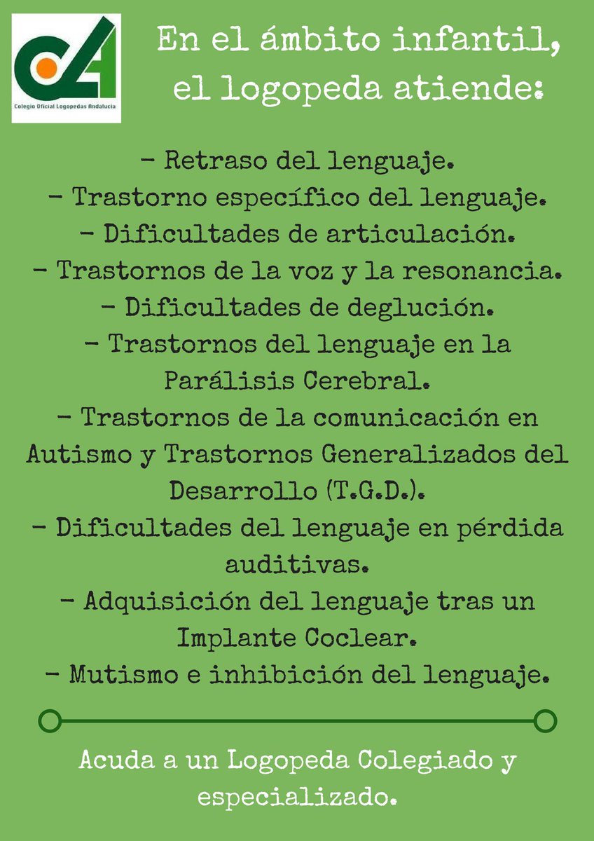 LogopedasColoan's tweet photo. ¿Sabes a qué atiende el #logopeda en el ámbito #infantil? Recuerda: si necesitas a un logopeda para tu hijo, acude a uno colegiado y especializado. #LogopediaPediátrica #TEL #ParálisisCerebral #Autismo #TGD #ImplanteCoclear #Mutismo #StopIntrusismo. https://t.co/EoA0QNEwMD