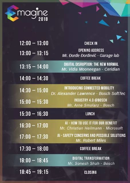 eMagine_rs's tweet photo. Ostao je još jedan dan do ovogodišnjeg izdanja eMagine konferencije! U nastavku možete pogledati agendu događaja.
-----------
One day more and we will meet at the eMagine conference! Bellow you can see the agenda of the event. 

#eMagine2018 https://t.co/UBqpTP9obp