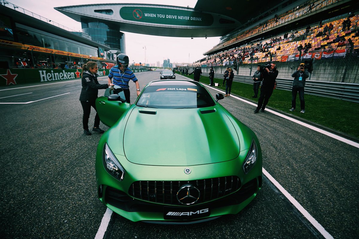 MercedesAMGF1's tweet photo. Tearing it up with @GeorgeRussell63 and the @MercedesAMG GT R today! 

#F1PirelliHotLaps = 🔥🔥🔥

#ChineseGP 🇨🇳 #DrivenByEachOther https://t.co/70dRMq5Yjy