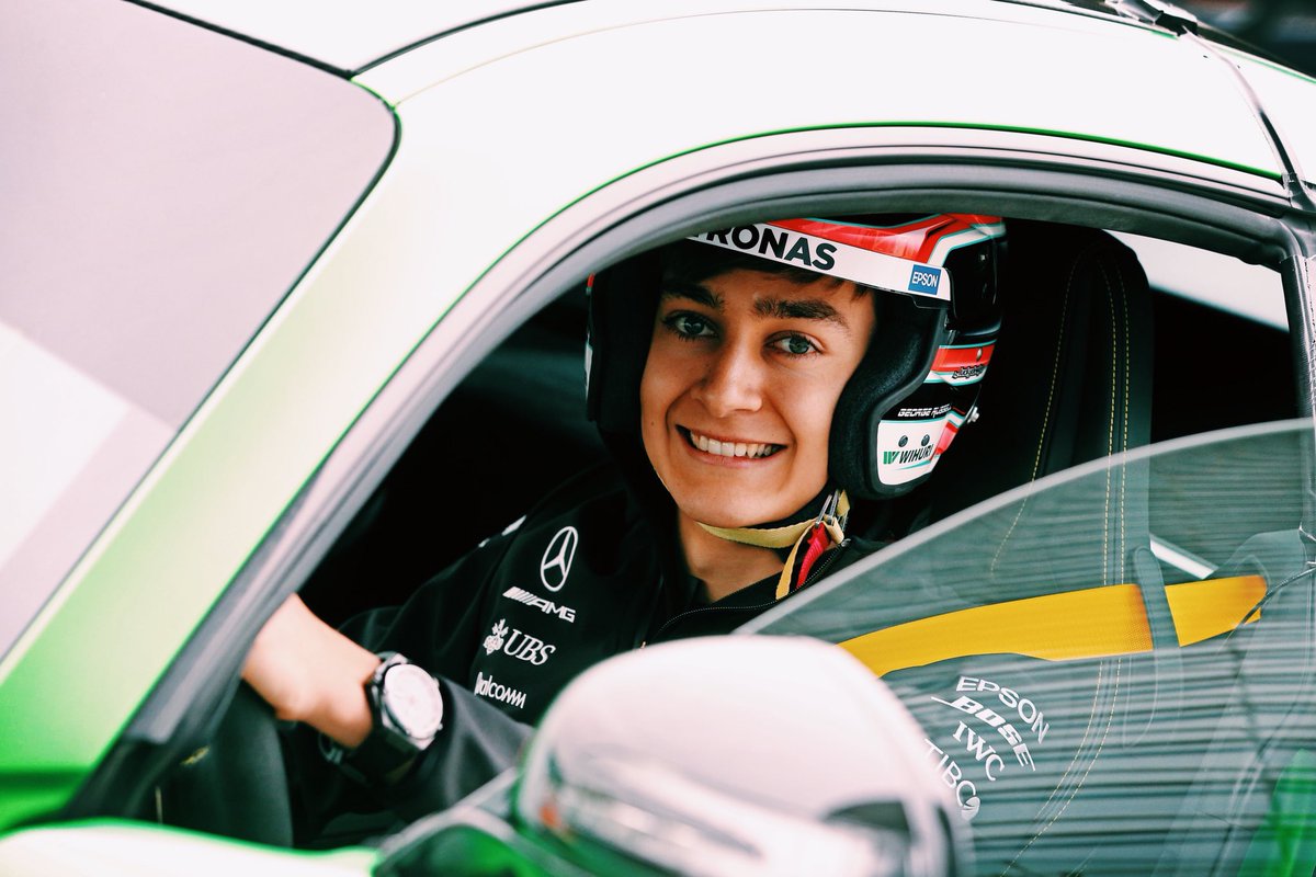MercedesAMGF1's tweet photo. Tearing it up with @GeorgeRussell63 and the @MercedesAMG GT R today! 

#F1PirelliHotLaps = 🔥🔥🔥

#ChineseGP 🇨🇳 #DrivenByEachOther https://t.co/70dRMq5Yjy