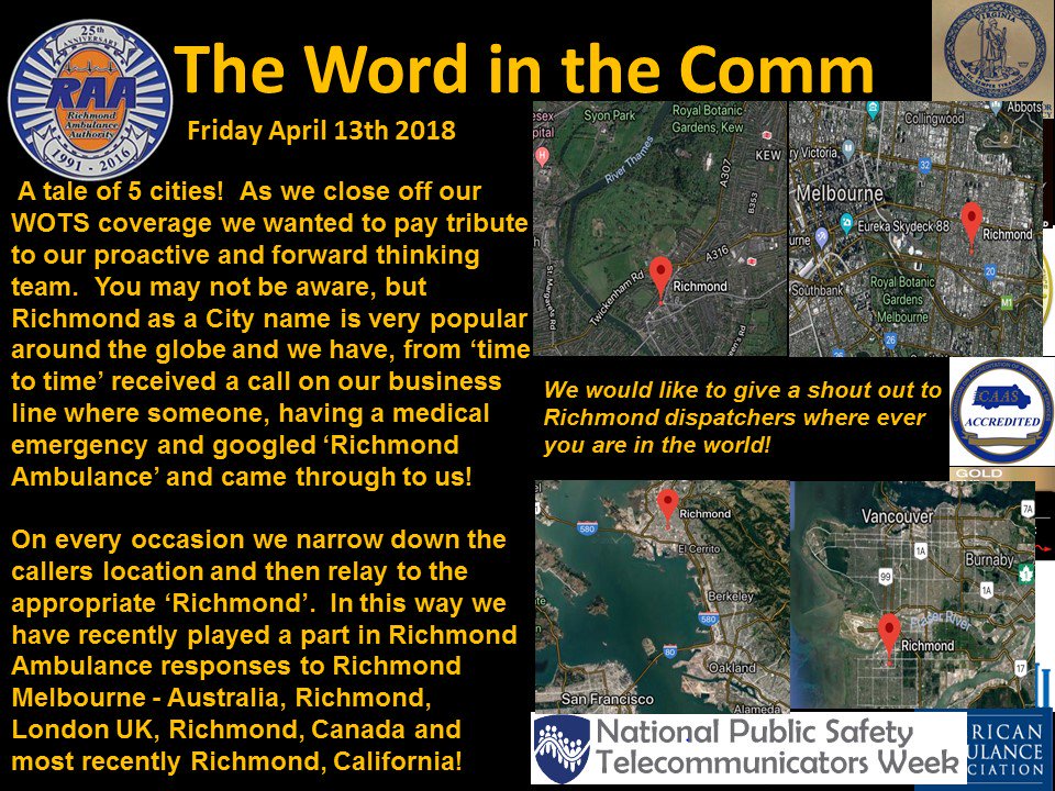 RAAEMS's tweet photo. A tale of 5 cities!  As we close off our WOTS coverage we wanted to pay tribute to our proactive and forward thinking team.  You may not be aware, but Richmond as a City name is very popular around the globe and have, received calls on our business line from different places! https://t.co/0Sfn0bNOCJ