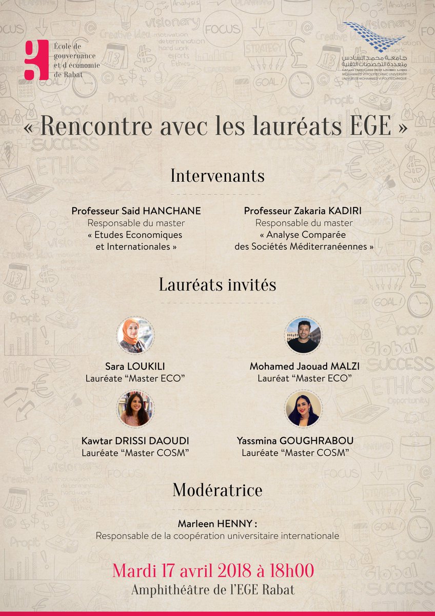 EGERabat's tweet photo. Venez rencontrer nos lauréats, étudiants et responsables de nos filières du 2ème cycle, à l'occasion d'une "Rencontre avec les lauréats EGE" le mardi 17 avril 2018 à 18h00. https://t.co/LVEG3sKBIt