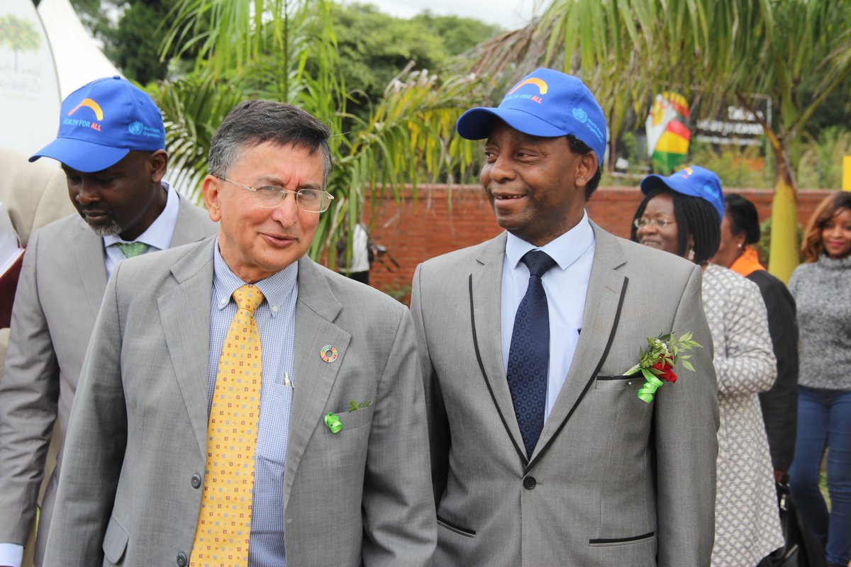 UNZimbabwe's tweet photo. "A healthy nation is a wealthy nation" @UNZimbabwe Chief @BishowParajuli with @MoHCCZim Principle Director of Preventative Services, Dr. Gibson Mhlanga at #WorldHealthDay commemorations @WHO #WHO70 #UniversalHealthCoverage #HealthForAll #EveryoneEverywhere https://t.co/CRmhbJbSjd