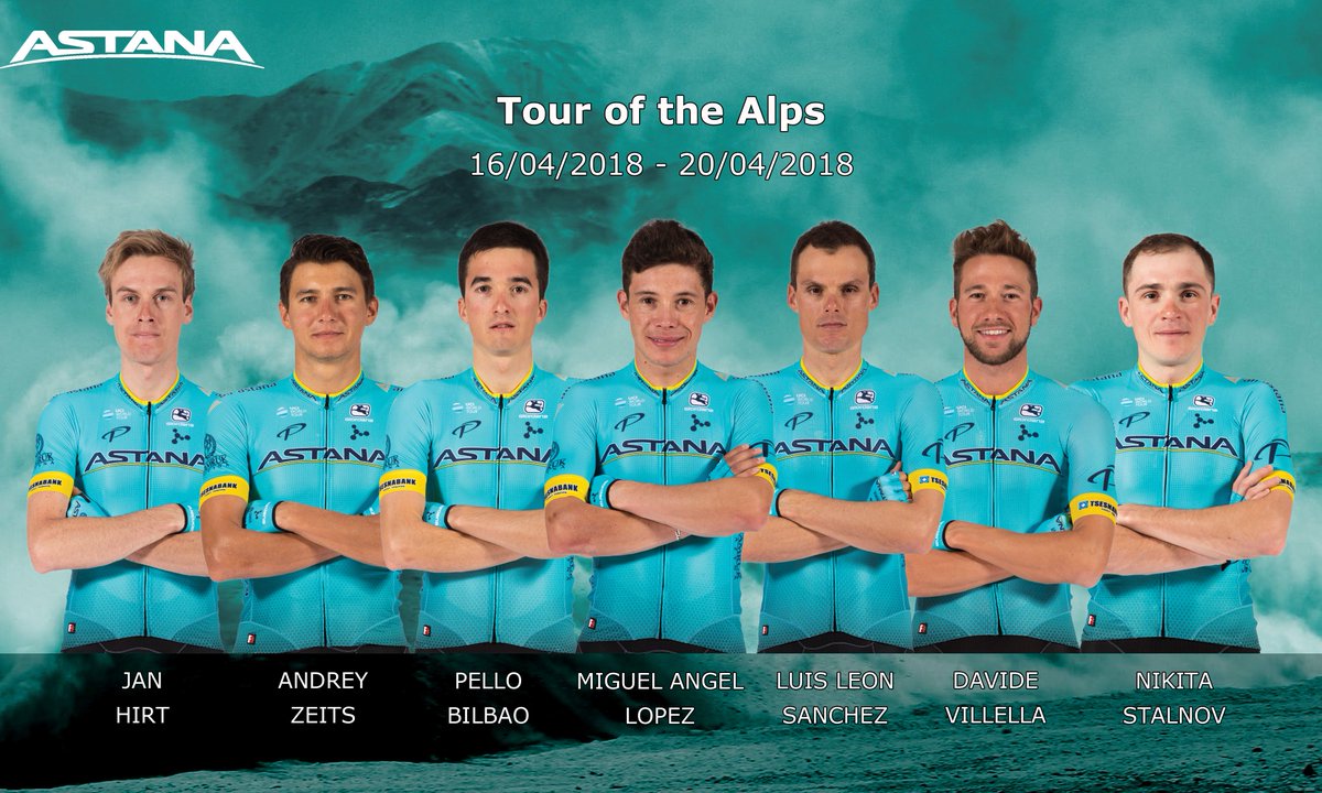 Our team for <a href="/Tourof_TheAlps/">Tour of The Alps</a> :
<a href="/PelloBilbao1990/">Pello Bilbao</a> 
<a href="/HirtJan/">Jan Hirt</a> 
<a href="/SupermanlopezN/">Miguel Angel Lopez Moreno</a> 
<a href="/LLEONSANCHEZ/">Luis Leon Sanchez</a> 
<a href="/NikitaStalnov/">Nikita Stalnov</a> 
<a href="/Davide_villella/">Davide Villella</a> 
Andrey Zeits
#TotA
#AstanaProTeam
#AlgaAstana