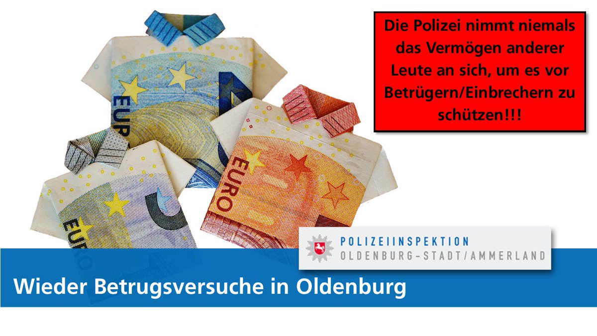 Polizei_OL's tweet photo. Gestern versuchten zwei falsche Polizeibeamte in #Oldenburg #Eversten und #Bürgerfelde an die Ersparnisse älterer Menschen zu gelangen. Die Opfer haben gut reagiert und uns informiert. 👉 Gebt euer Geld und eure Wertgegenstände niemals an Unbekannte 👈
https://t.co/IKELtswRam
*SR https://t.co/m9z6DDWm7A