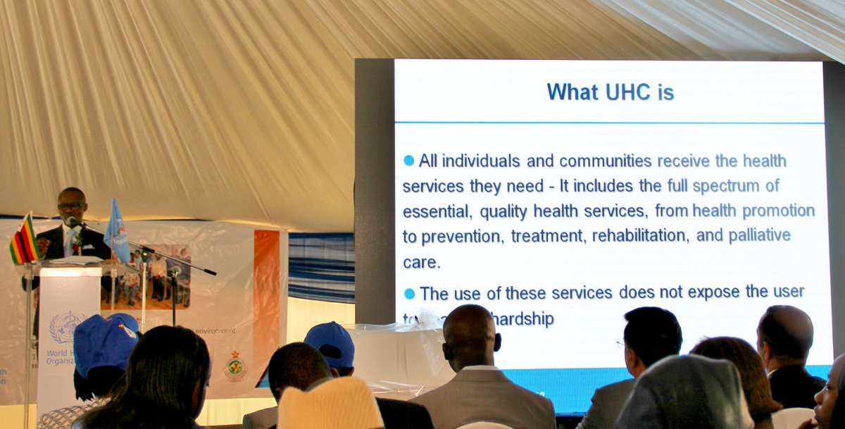 UNZimbabwe's tweet photo. "#UniversalHealthCoverage is about ensuring #EveryoneEverywhere can get quality #health services, where and when they need them, without suffering financial hardship" @WHO Dr. Ayotunde Adegboyega presents at #WorldHealthDay #HealthForAll #WHO70 https://t.co/0DHxmNr5GF